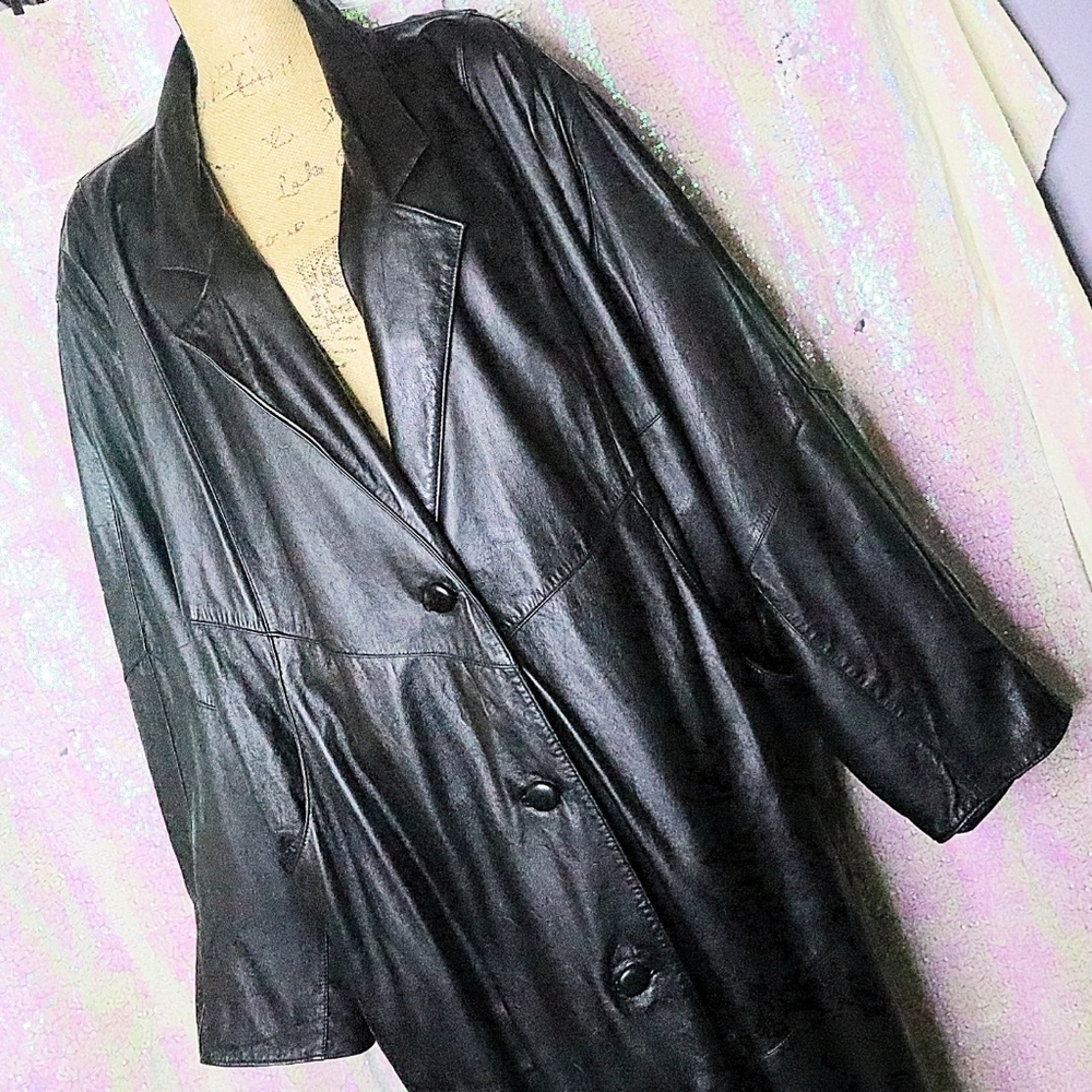 VINTAGE LEATHER TRENCH COAT 22W Venezia Black Halloween Goth Fall Winter Long - Picture 5 of 12